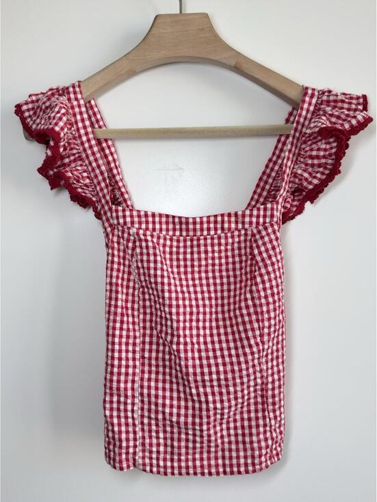 Tops - Broadway 38 Gingham Smocked Crop Top M Pink White Check Ruffle Strap Cottagecore